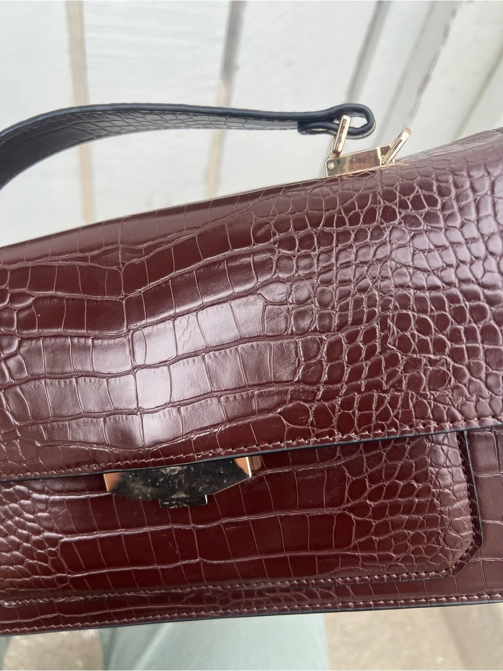 Zara Croc-Embossed Top-Handle Bag Oxblood/Burgundy/Chocolate Brown
